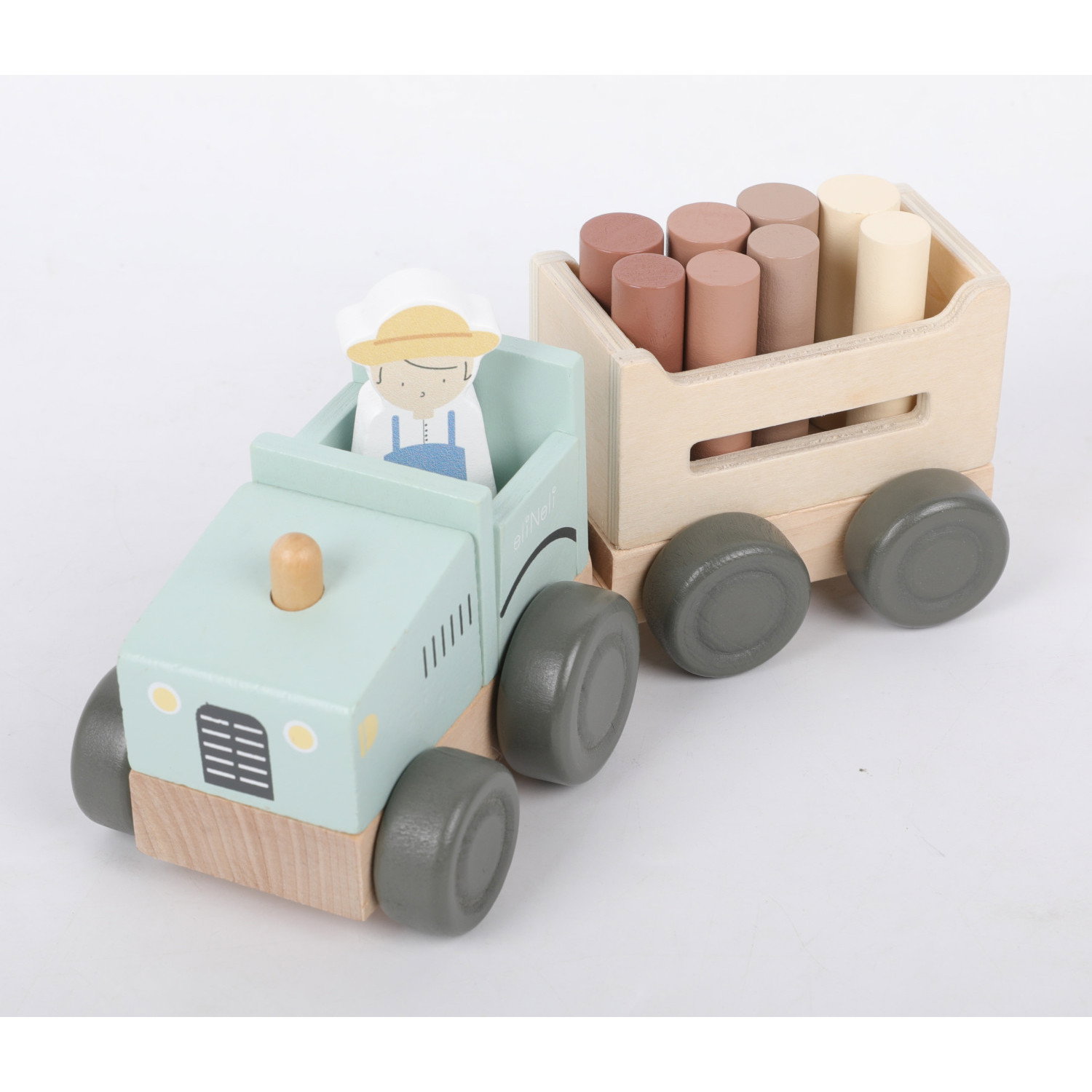 Дървен трактор с ремарке и аксесоари