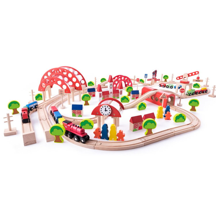 Kомплект дървени влакчета с релси и аксесоари, 130 части