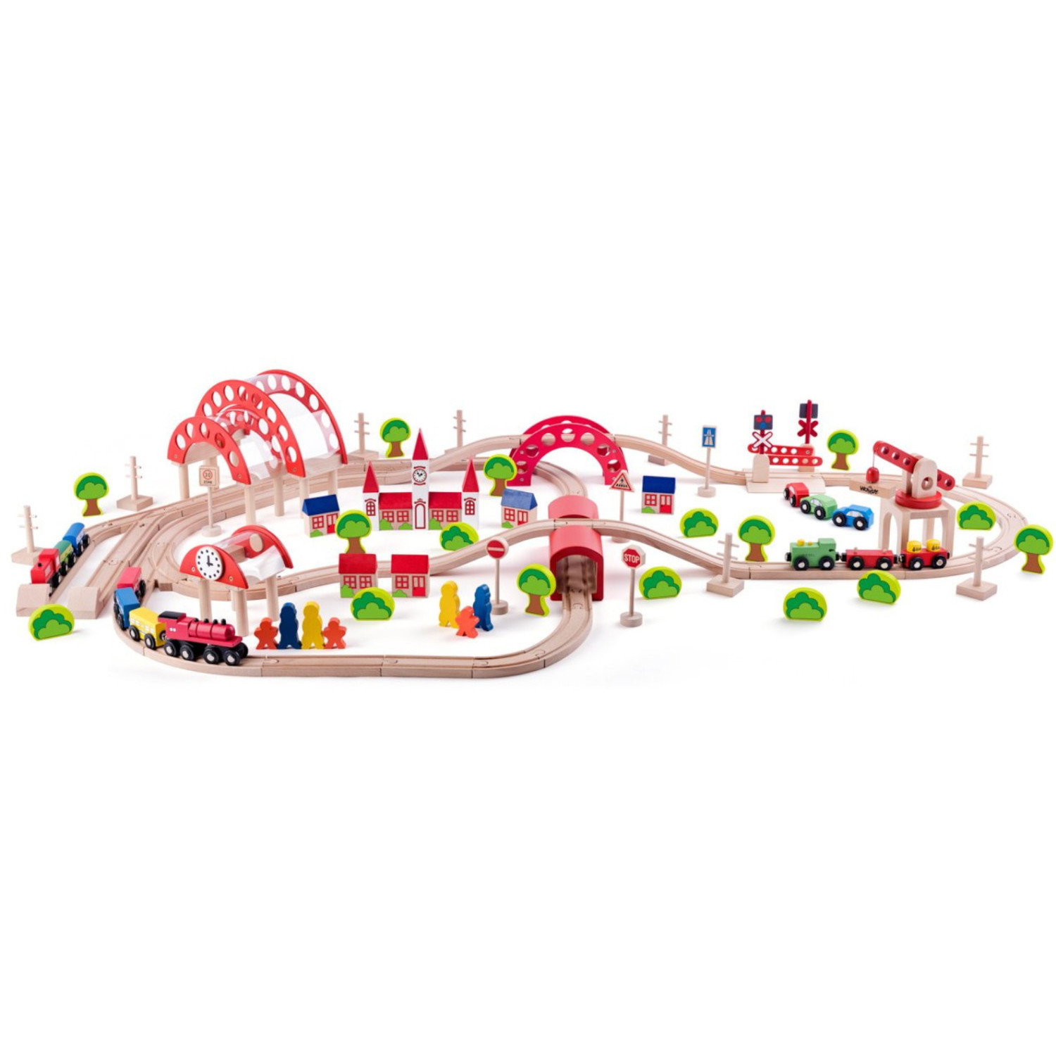 Kомплект дървени влакчета с релси и аксесоари, 130 части