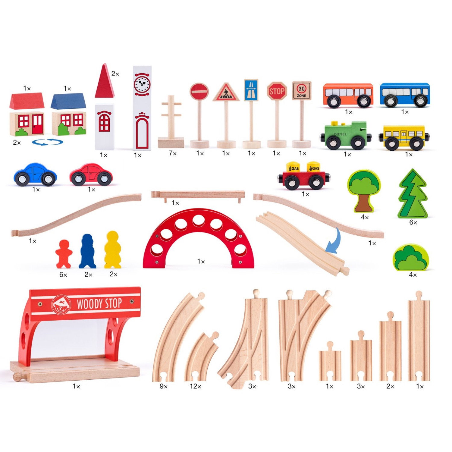 Дървен влак с релси, мост и гара, 90 части