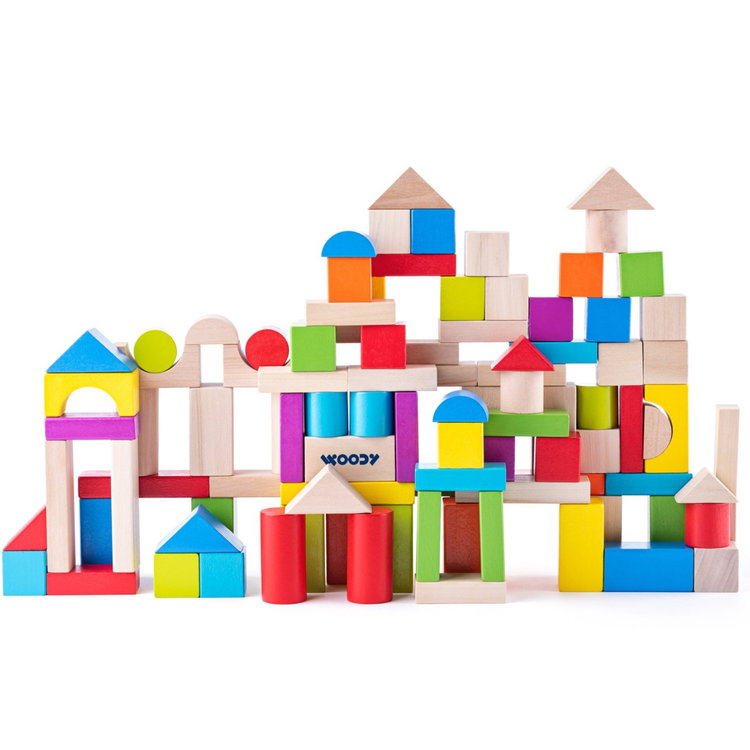 Дървен цветен конструктор в кофа, 100 части
