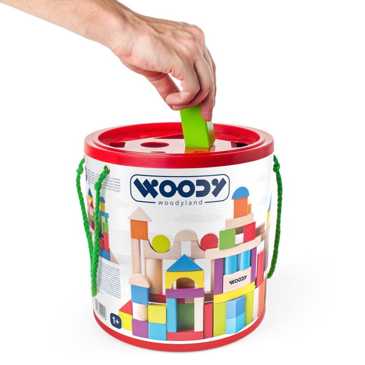 Дървен цветен конструктор в кофа, 100 части