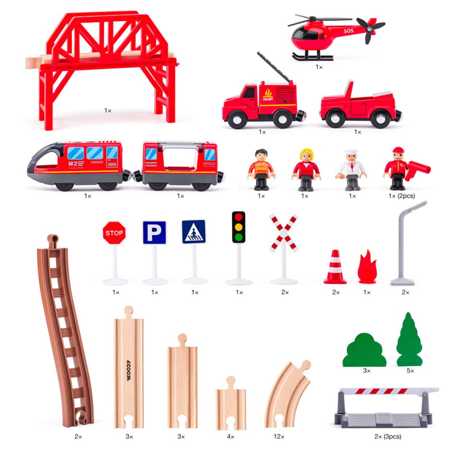 Дървен влак с релси Пожарникари, 60 части