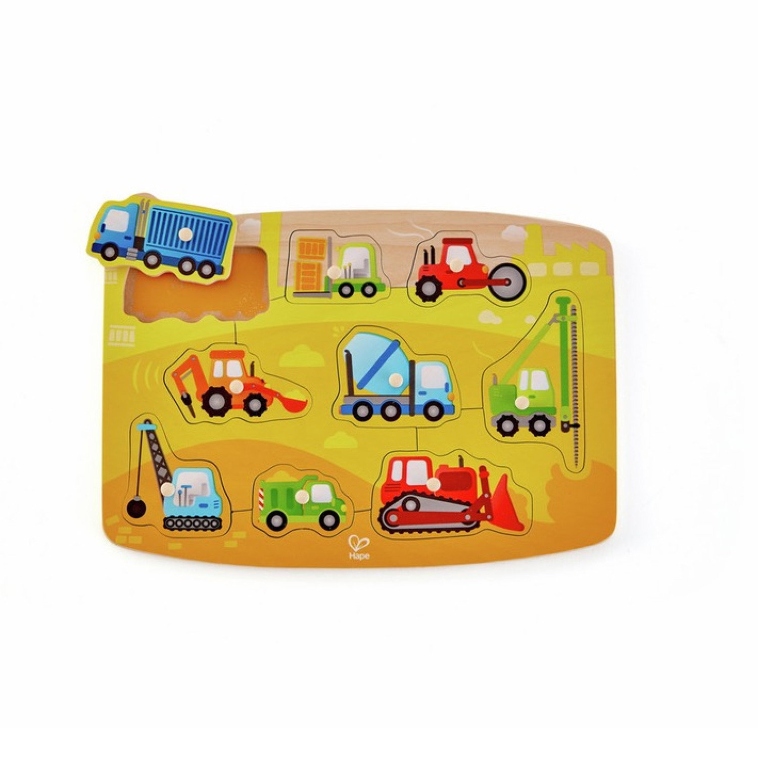Дървен пъзел с дръжки Работни коли, Hape