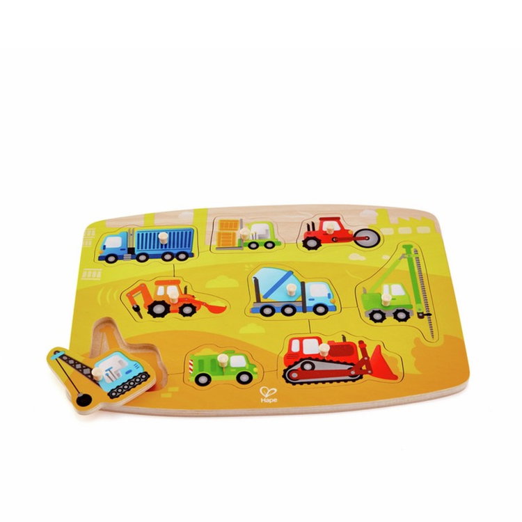 Дървен пъзел с дръжки Работни коли, Hape