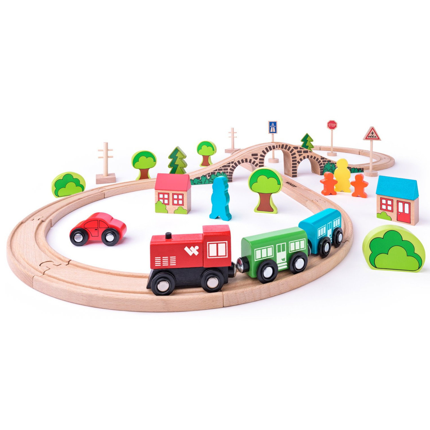 Комплект дървено влакче с релси и аксесоари, 40 части