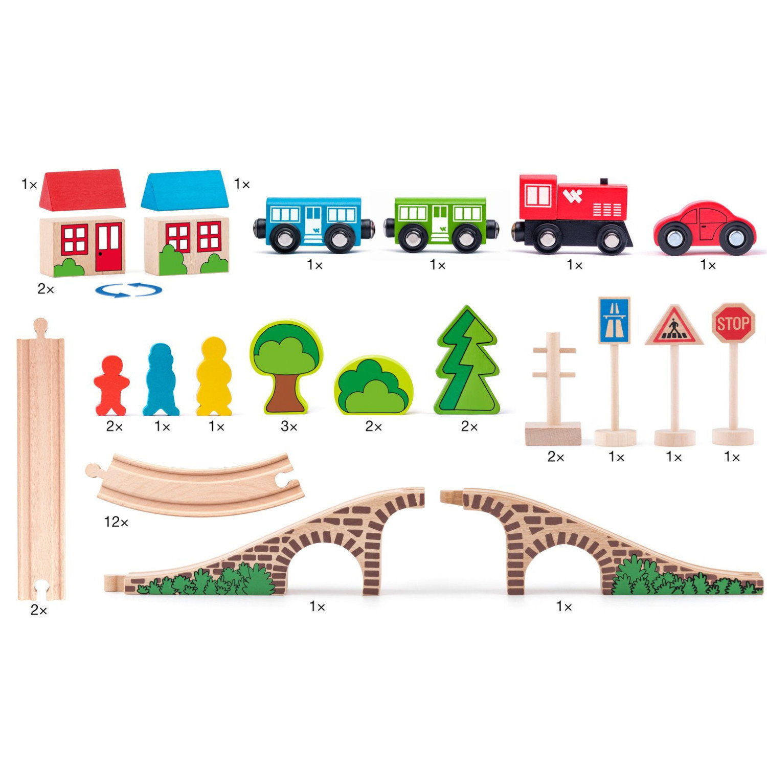 Комплект дървено влакче с релси и аксесоари, 40 части