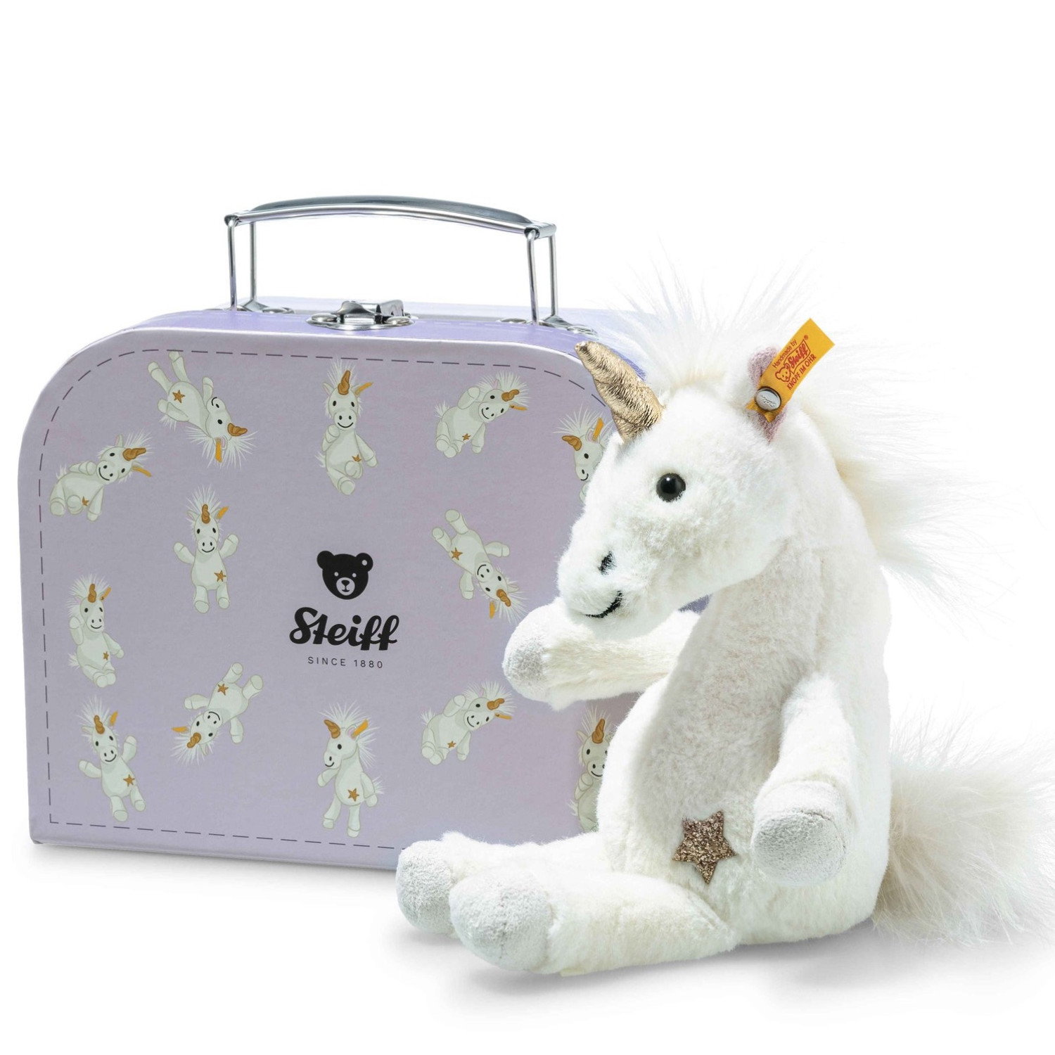 Unica dangling unicorn in suitcase