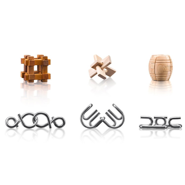 Комплект дървени и метални пъзели-главоблъсканици, 6 броя