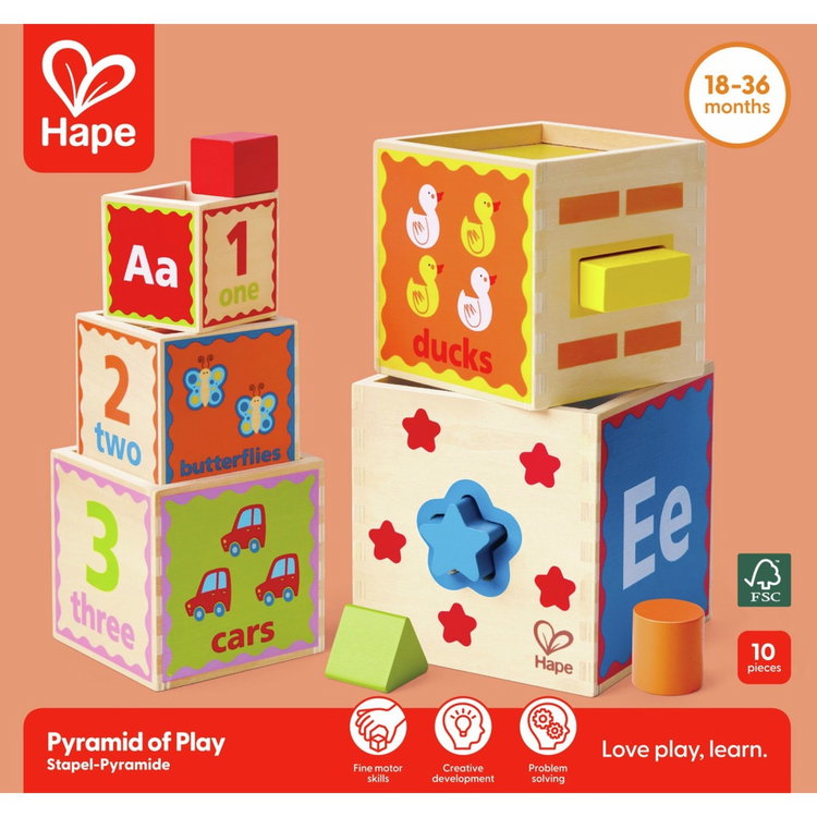 Дървена цветна пирамида - сортер, Hape