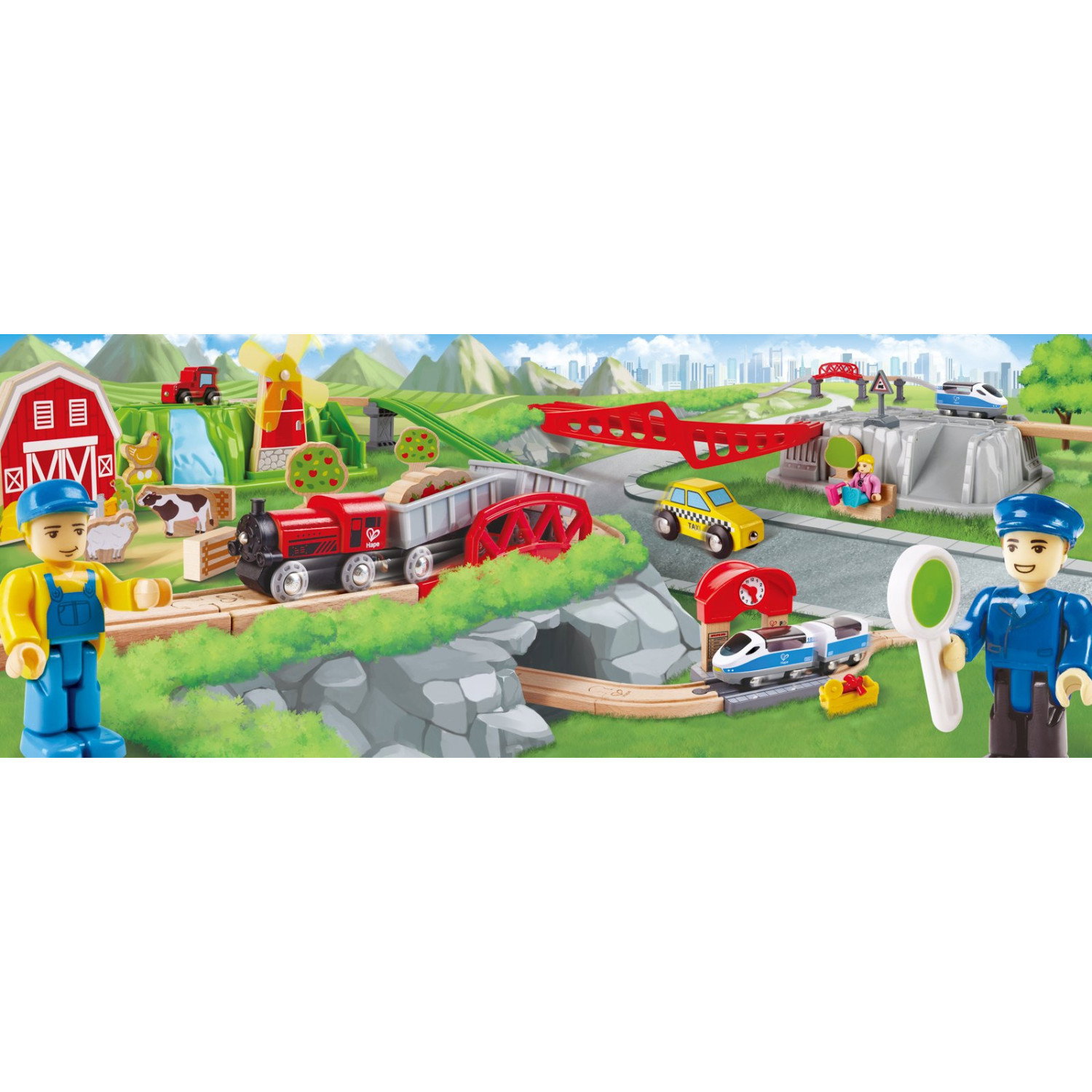 Дървен железопътен комплект в кутия Ферма, Hape