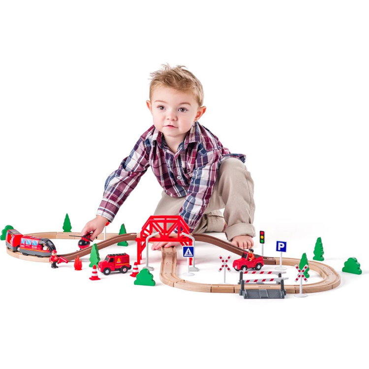 Дървен влак с релси Пожарникари, 60 части